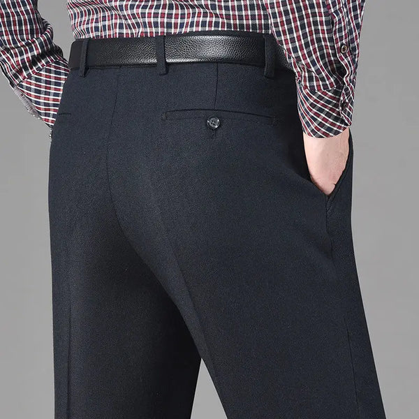 Men Fleece Lined Wool Dress Pants High Waist Winter Business Slacks