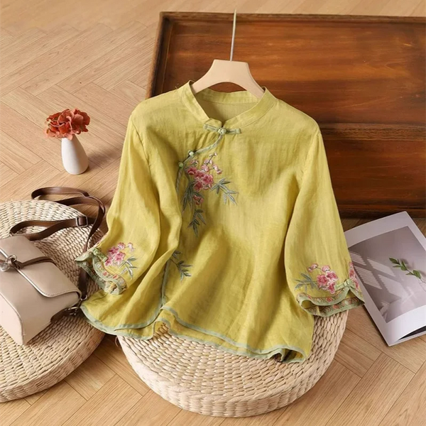 Womens Vintage Embroidered Top Cotton Linen Loose Summer Shirt