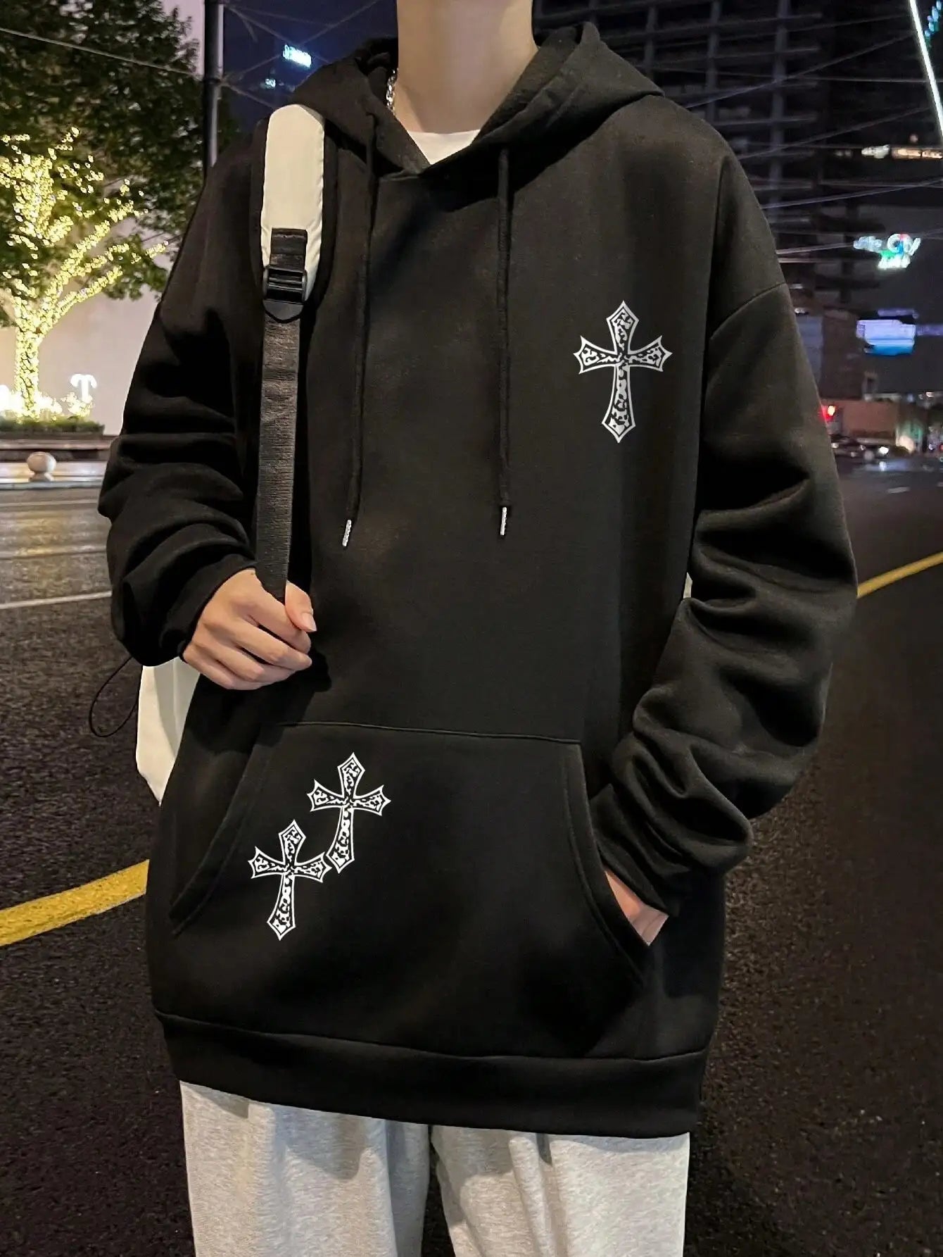 Creative Cross Print Fleece Hoodie