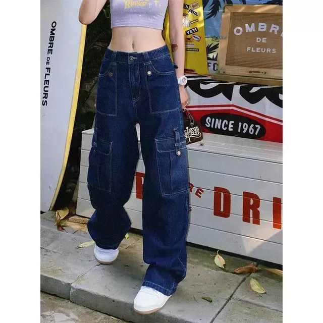 Chic Vintage High Waist Cargo Pants Trendy Women's Casual Wide Leg Jeans