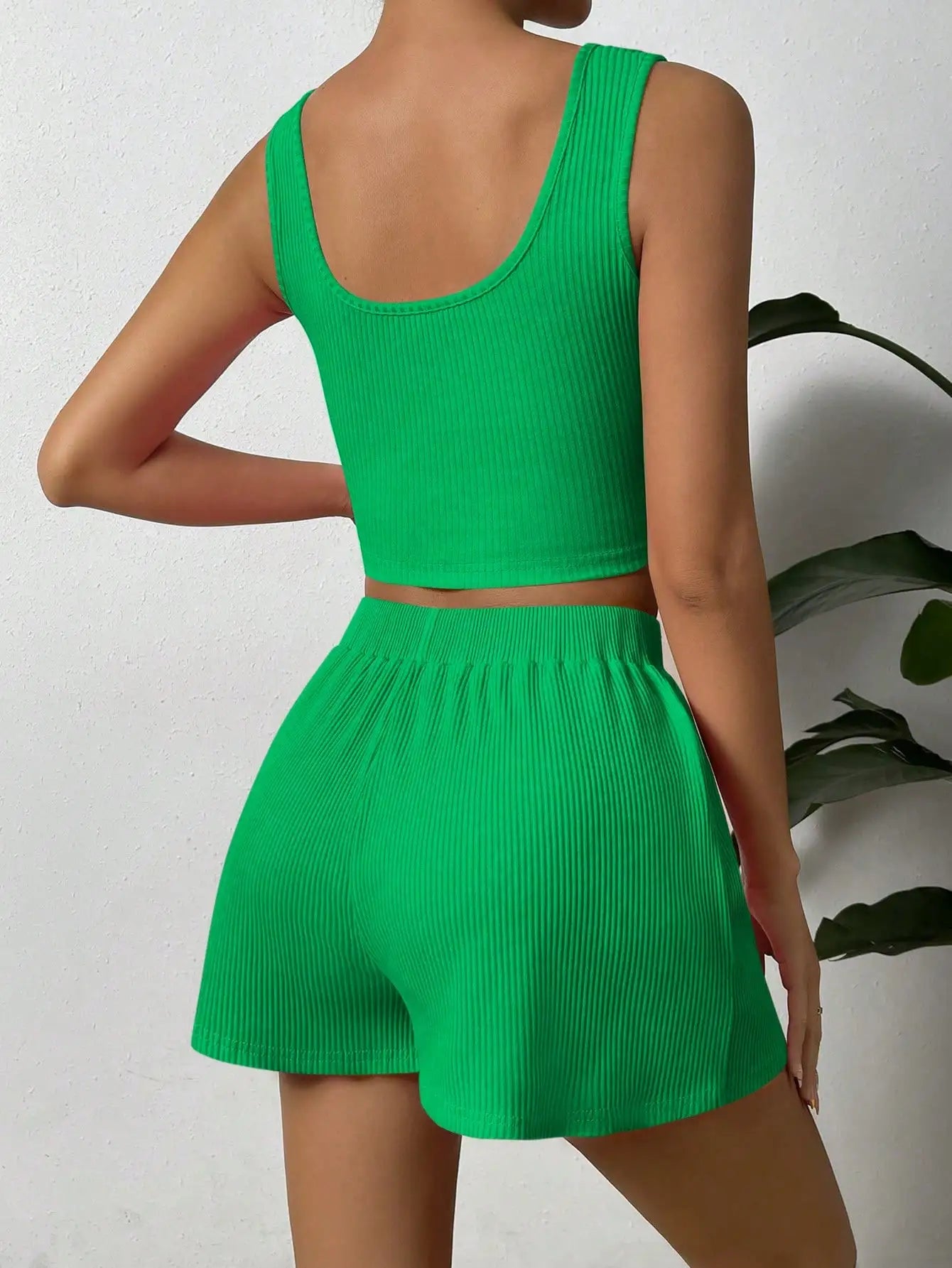 Elegant Women's Two-Piece Set Square Collar Halter Knit Ribbed Shorts