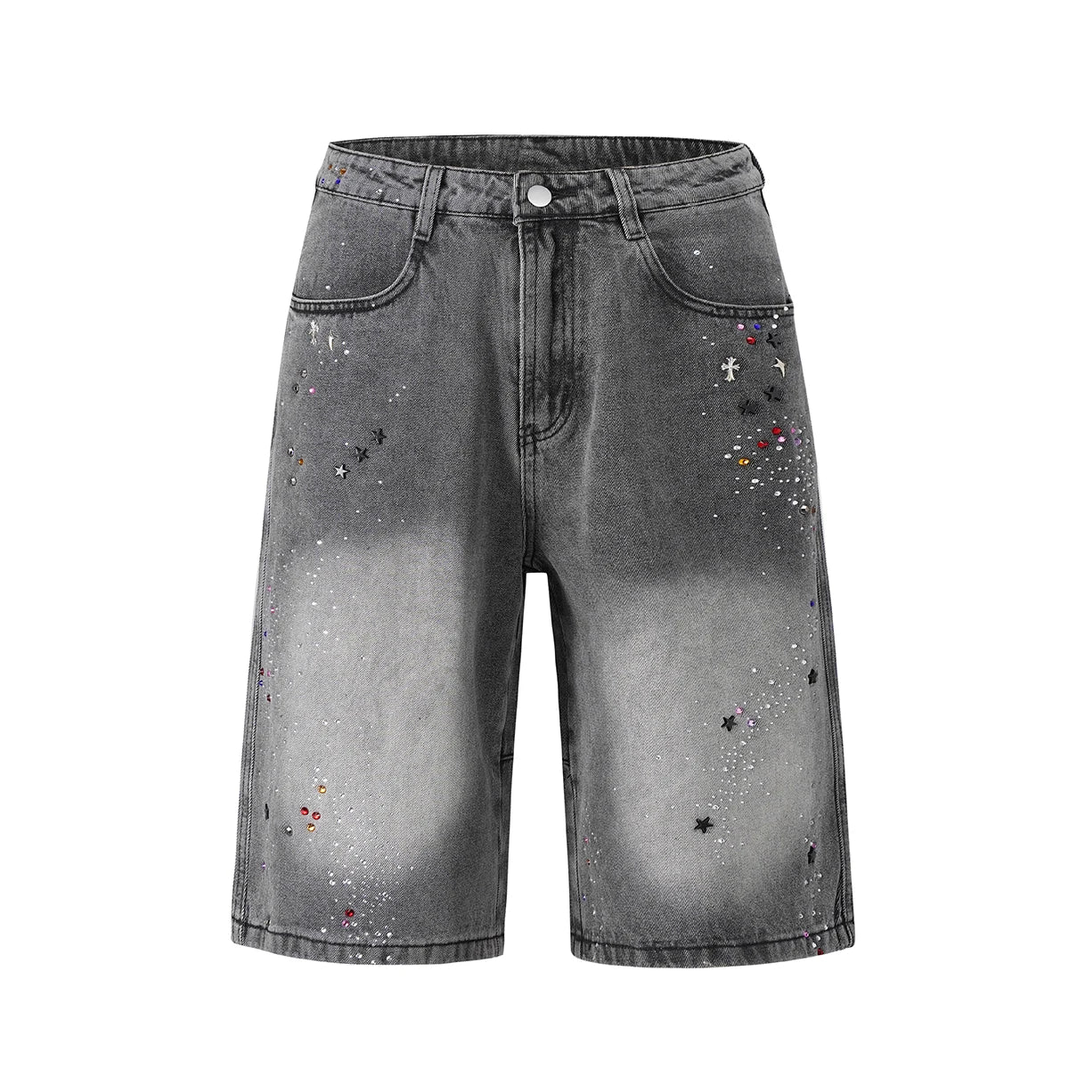 Men's Rhinestone Ripped Baggy Denim Shorts Streetwear Loose Fit