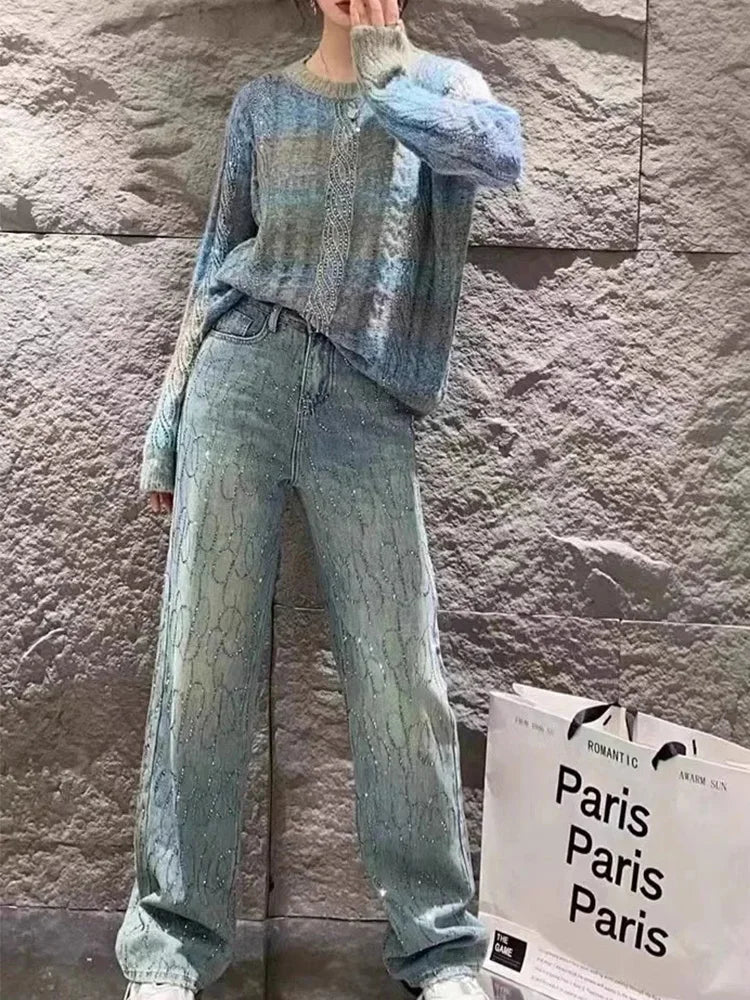 Women Jeans Shiny High Waist Loose Wide Leg Denim Pants Rhinestone Pants