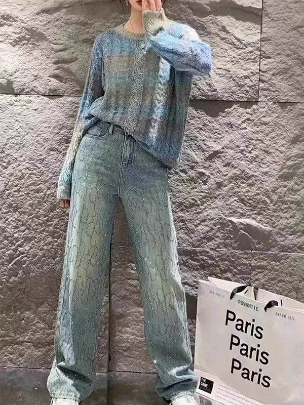 Women Jeans Shiny High Waist Loose Wide Leg Denim Pants Rhinestone Pants