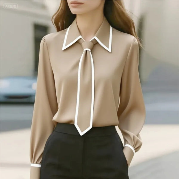 Bow Tie Blouse Women Long Sleeve Office Contrast Trim Work Shirt