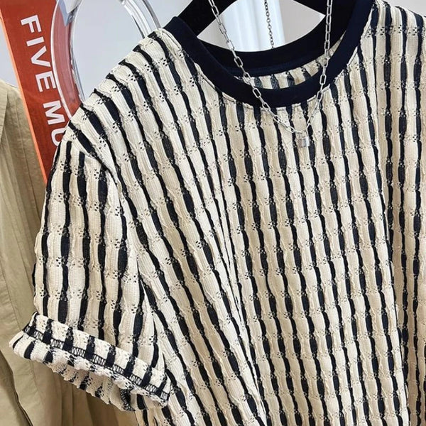 Mens Mesh Stripe Tshirt Cutout Design Short Sleeve Streetwear