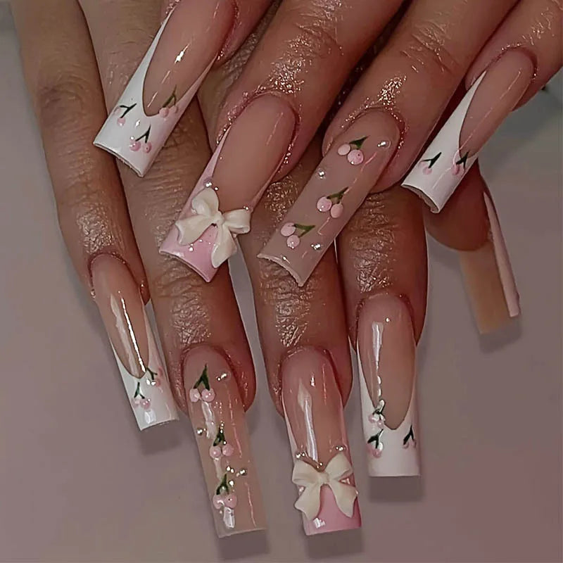 Cherry French Tip Nails with 3D Bows Sweet and Chic Nail Art