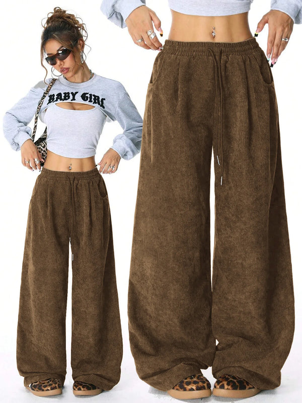 Women High Waisted Wide Leg Pants Drawstring Casual Lounge Trousers