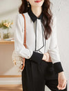 Womens White Polo Collar Shirt Tie Neck Long Sleeve Office Blouse