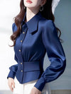 Elegant Blue Satin Blouse Womens Long Sleeve Slimming Dressy Top