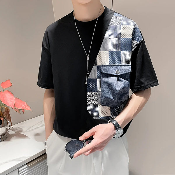 Mens Denim Patchwork Tshirt Cargo Pocket Short Sleeve Cotton Tee