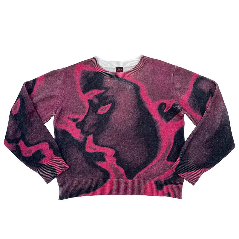 American Street Geometric Print Loose Harajuku Pullover Sweater Women