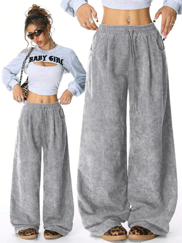Women High Waisted Wide Leg Pants Drawstring Casual Lounge Trousers