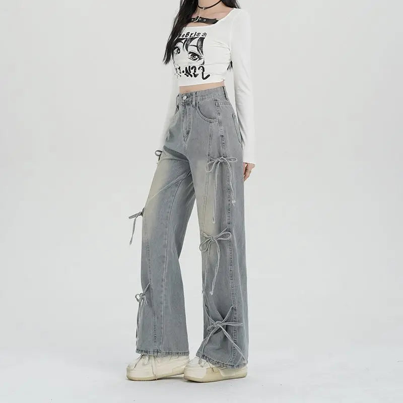 Women's Y2K Lace-Up High Waist Baggy Jeans