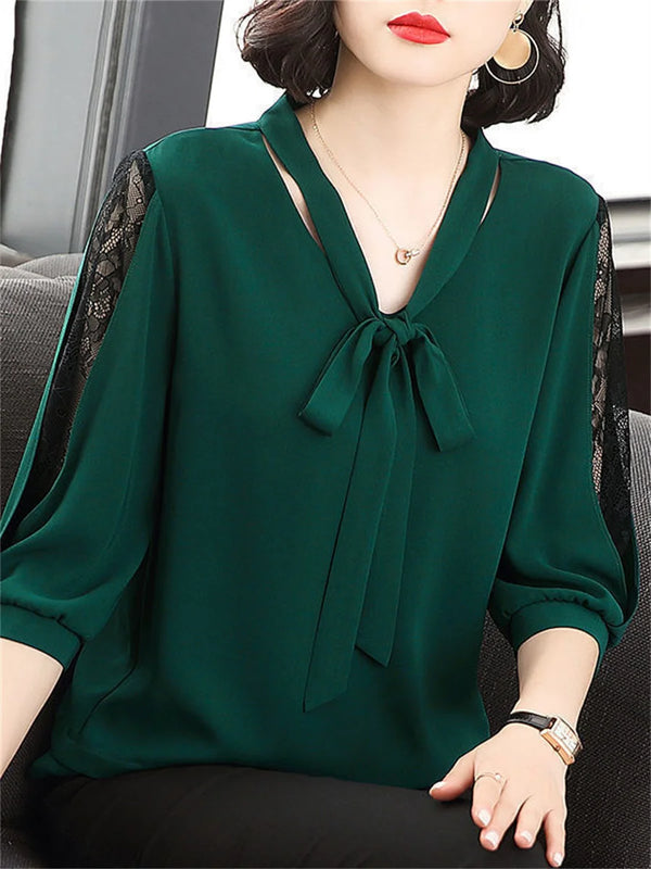 Bow Tie Collar Blouse Women Lace Sleeve Loose Spring Top