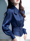 Elegant Blue Satin Blouse Womens Long Sleeve Slimming Dressy Top