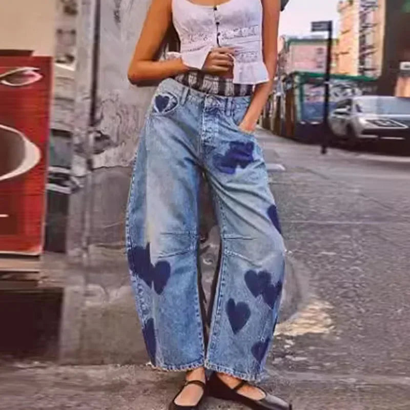 Y2K Printed Denim Pants Women's Loose Low Waist Street Trousers
