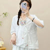 Womens Vintage Embroidered Top Cotton Linen Loose Summer Shirt
