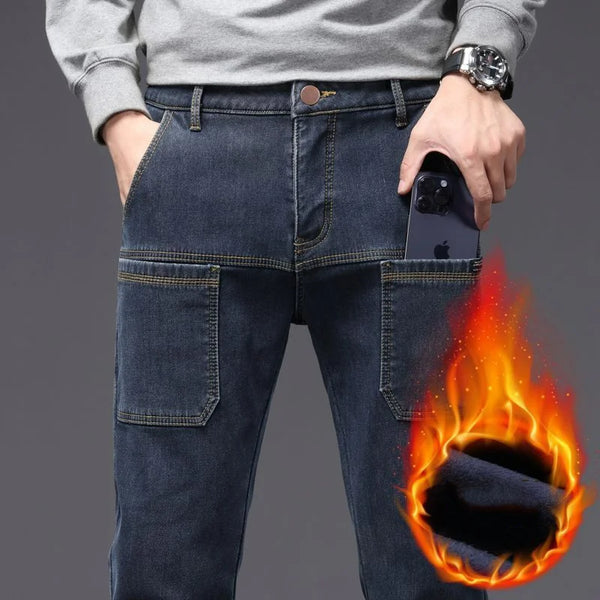 Mens Fleece Lined Jeans Cargo Pocket Straight Leg Winter Warm Denim