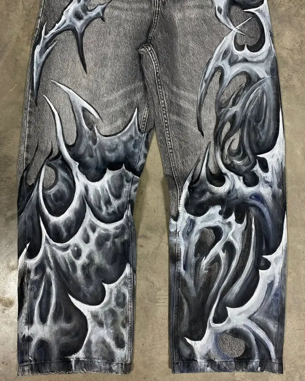 Y2K Street Gothic Flame Print Straight Jeans Men’s Loose Wide-Leg Pants