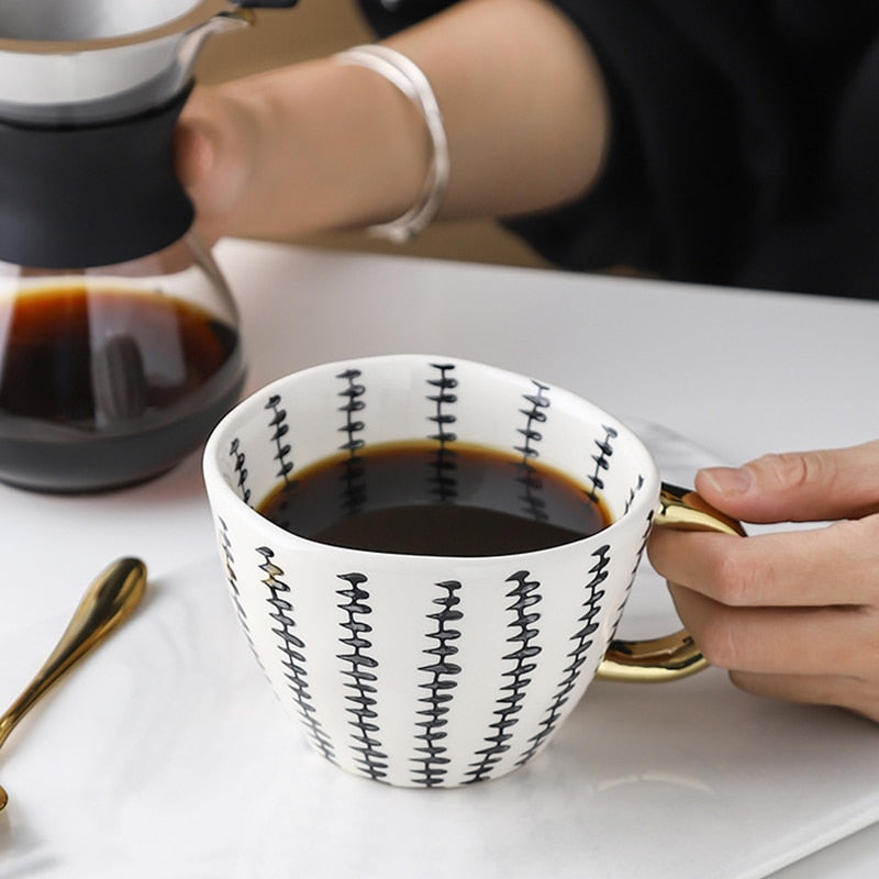 Mug Wide mouth with Gold Handle Hand Painted Geometric Ceramic