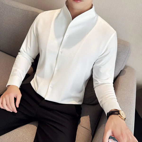 Mens Slim Fit Dress Shirt V Neck Stand Collar Black White Business