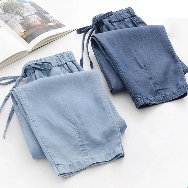 Blue Lyocell High Waist Wide Leg Denim Pants for Women