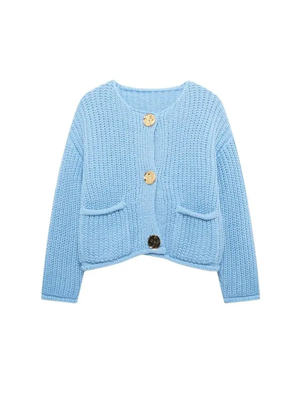 Women's Knit Cardigan Sweater - Gold Buttons & Patch Pockets