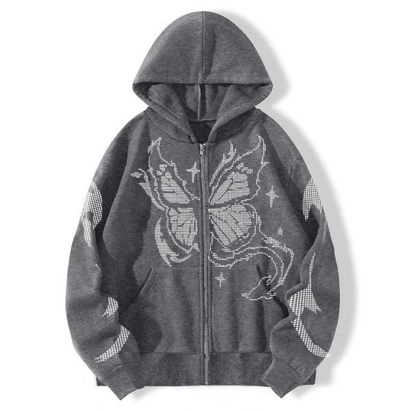 Y2K Gothic Butterfly Zip Hoodie Women Oversize Harajuku Streetwear