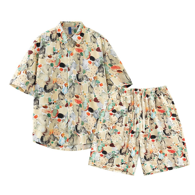 2024 Summer New Men's Beach Set Short Sleeve Hawaiian Shirt and Shorts