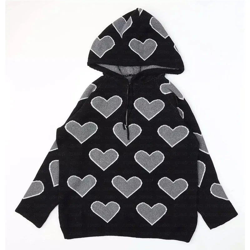 Hooded Knitted Sweater Women Love Jacquard Pullover Warm Coat