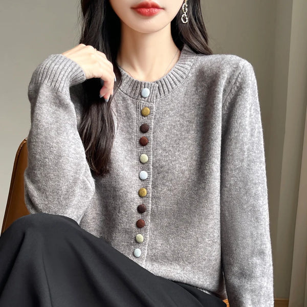 Womens Chunky Knit Cardigan Button Front Crew Neck Sweater Winter