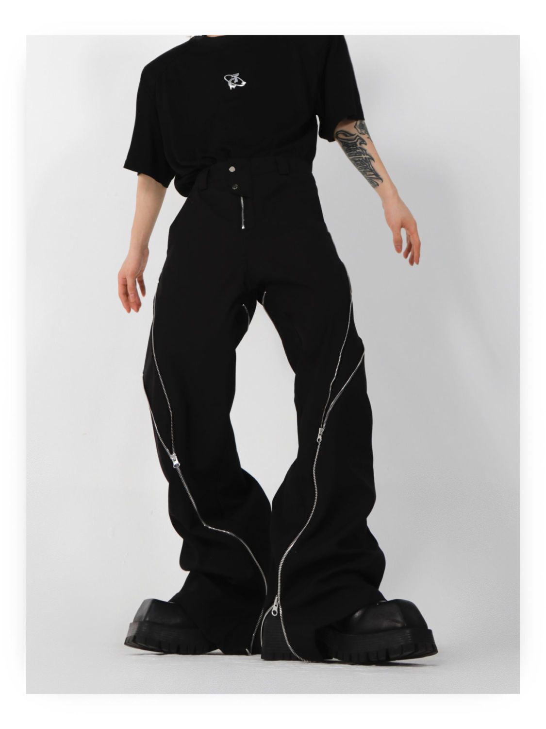 Men Black Slightly Flatrd Pants Vertical and Straight Casual Style Hight Street Retro