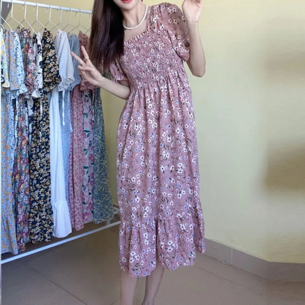 Spring Summer Elastic Waist Chiffon Dress Women Casual Pleated A-line