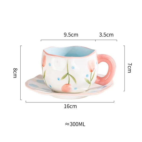 Hand Painted Ceramic Flower Mug with Saucer Perfect Gift