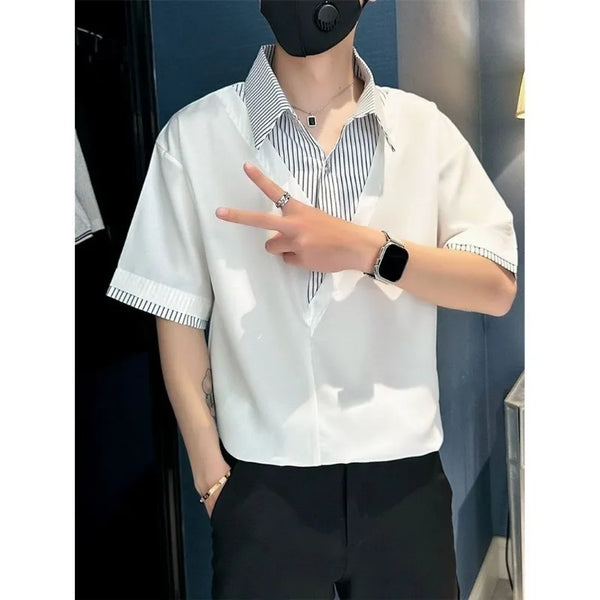 Fashion Patchwork Striped Short Sleeve Shirt Men Trendy