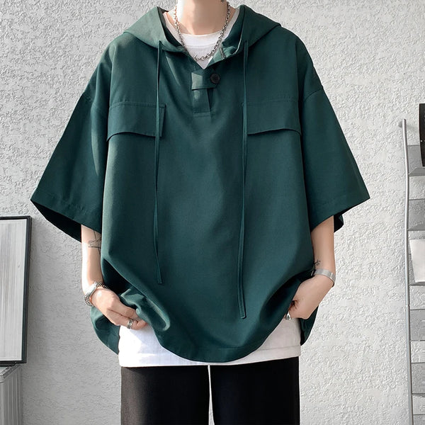 Hooded Tshirt Men Drawstring Short Sleeve Korean Streetwear