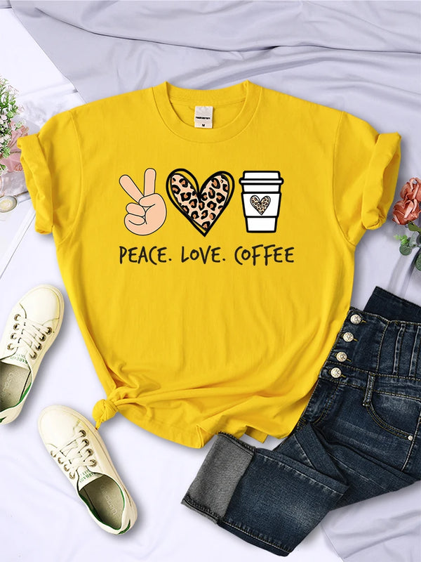 Womens Peace Love Coffee Graphic Tee Cotton O Neck Street Style Shirt