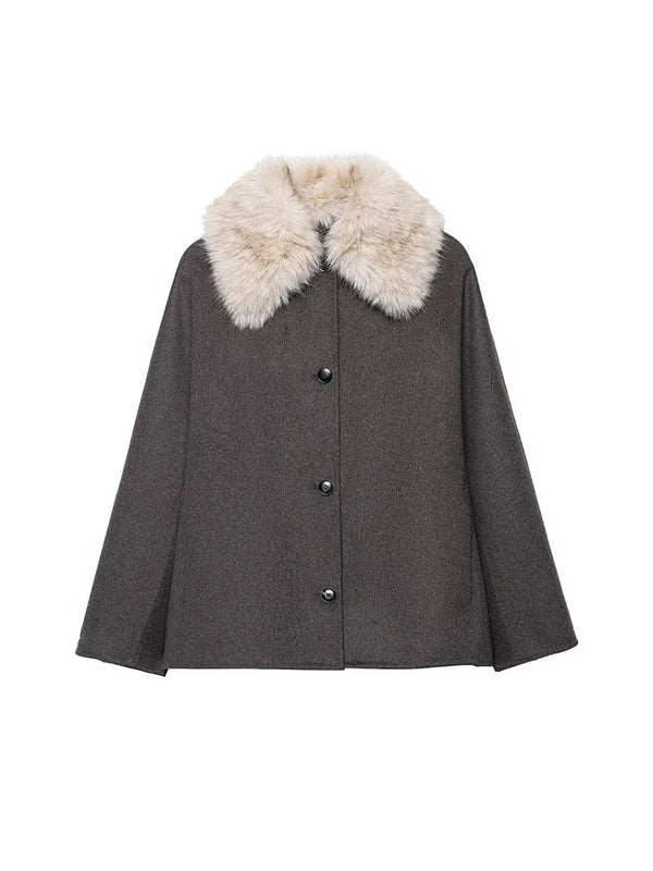 Womens Fur Collar Jacket Button Front Long Sleeve Winter Coat Street