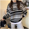 Womens Striped Knit Sweater Oversized Round Neck Pullover