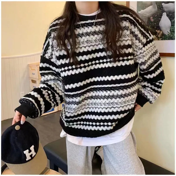 Womens Striped Knit Sweater Oversized Round Neck Pullover