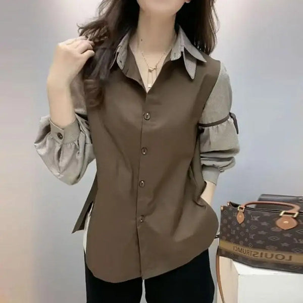 Lace Up Bow Blouse Women Colorblock Button Shirt Long Sleeve Top