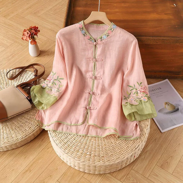 Womens Vintage Embroidered Top Cotton Linen Loose Summer Shirt