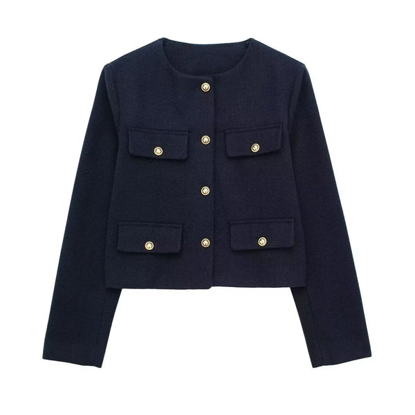 Women's Gold Button Jacket - Long Sleeve Coat Outerwear