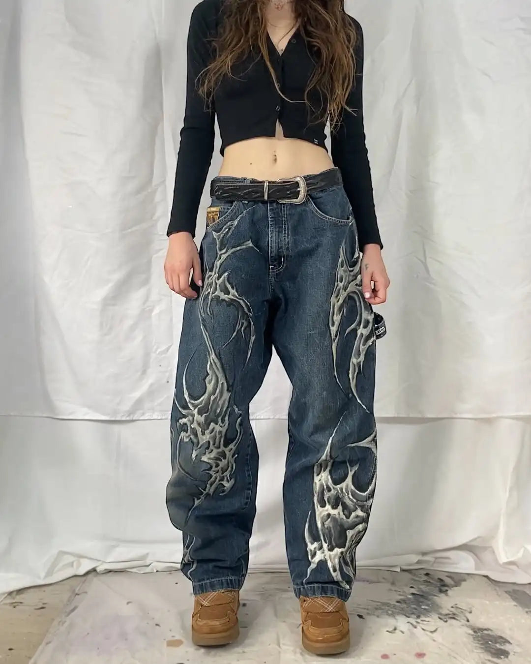 Women's Retro Blade Print Jeans Harajuku Hip-Hop Wide-Leg Pants