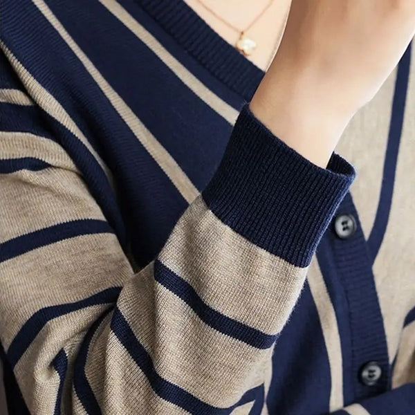 Womens Striped Pullover Sweater V Neck Long Sleeve Button Fall Winter