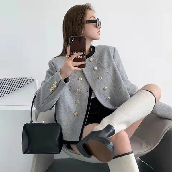 Gray Asymmetric Blazer Women Wool Blend Short Jacket Spring 2025