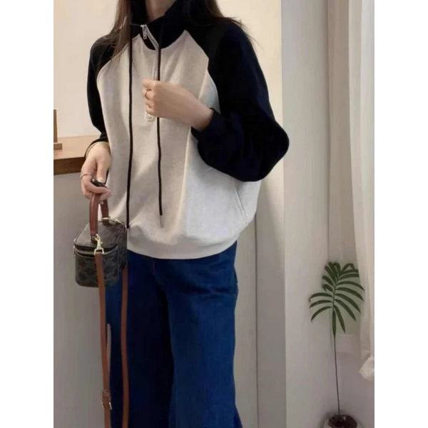 Womens Half Zip Crop Sweatshirt Raglan Sleeve Stand Collar Grey Top