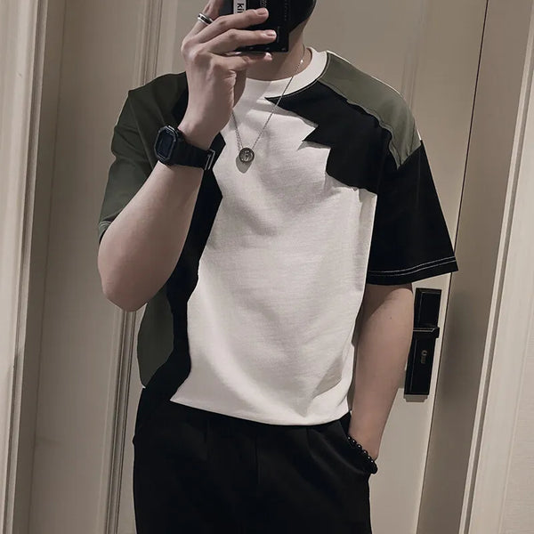 Mens Cutout Tshirt Spliced Design Short Sleeve Streetwear