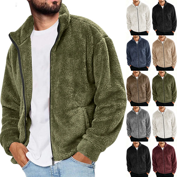 Men’s Fleece Stand Collar Jacket – Warm Full Zip Thermal Coat for Fall Winter